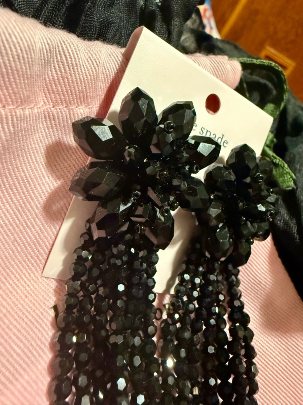 kate spade Black Crystal Floral Flourish Tassel statement Earrings 4”